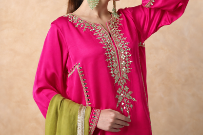Pink & Sap Green Mirror Work Kurta Set with dupatta