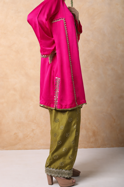 Pink & Sap Green Mirror Work Kurta Set with dupatta
