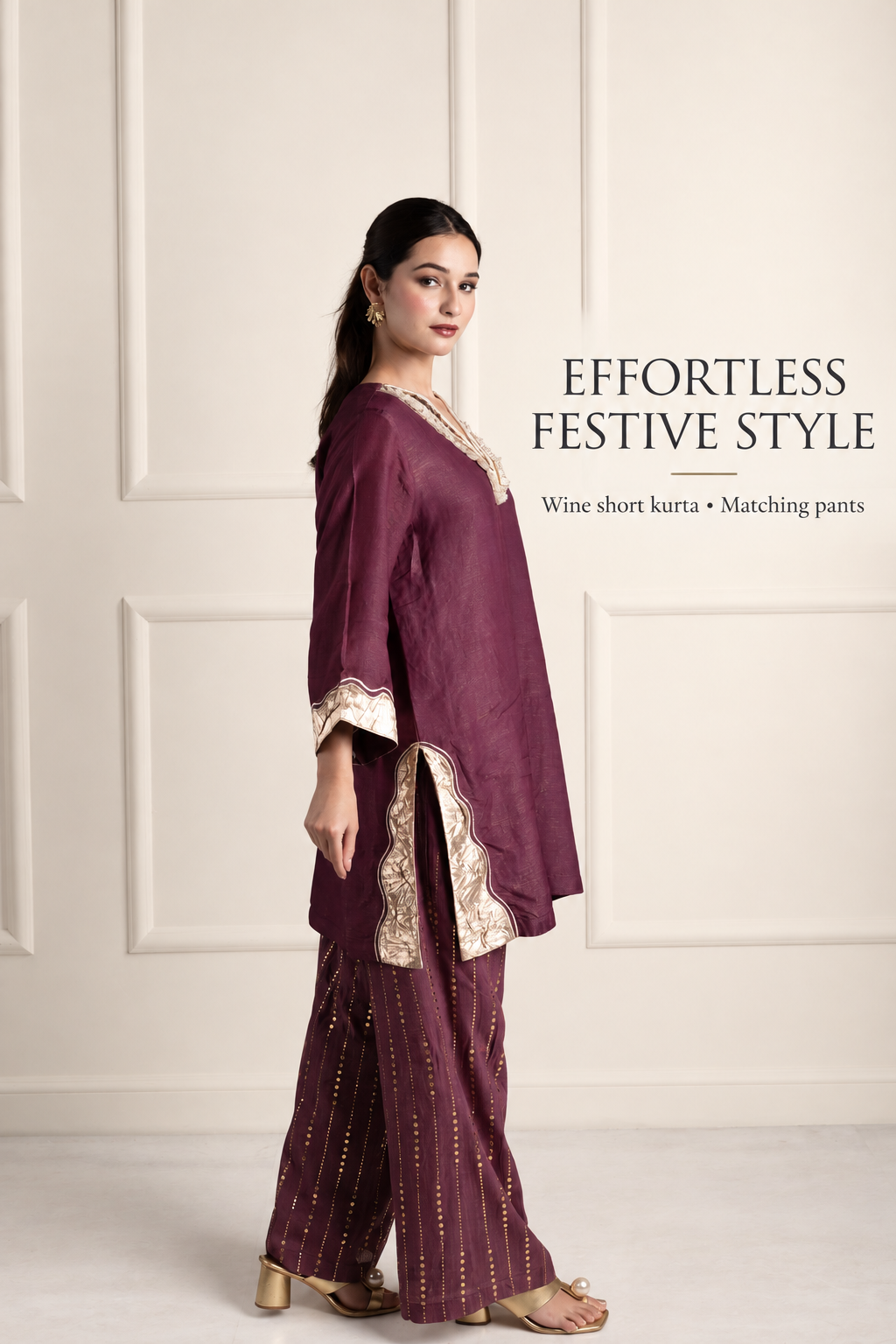 Wine & Gold Tissue Silk Kurta Set with Muslin Pants and Gold Patchwork