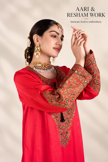 Ombre Red & Pink Satin Silk Kaftan with Aari-Resham Work, Bead Tassels & Coin-Detail Slits