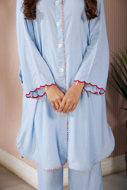 Shirt kurta with pocket and sleeves embroiderd plazzo pants with scallops