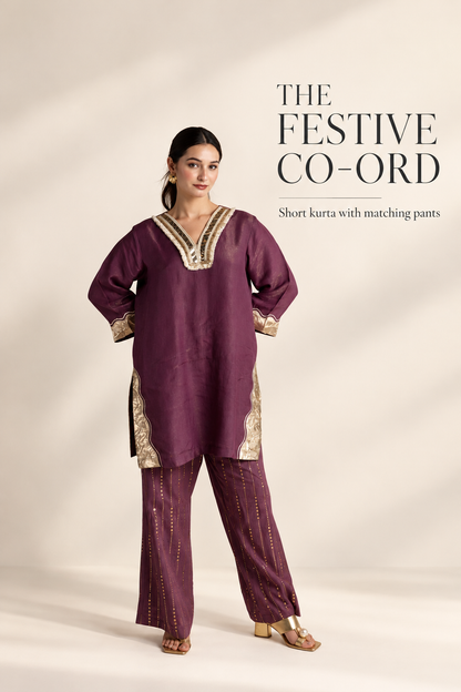 Wine & Gold Tissue Silk Kurta Set with Muslin Pants and Gold Patchwork