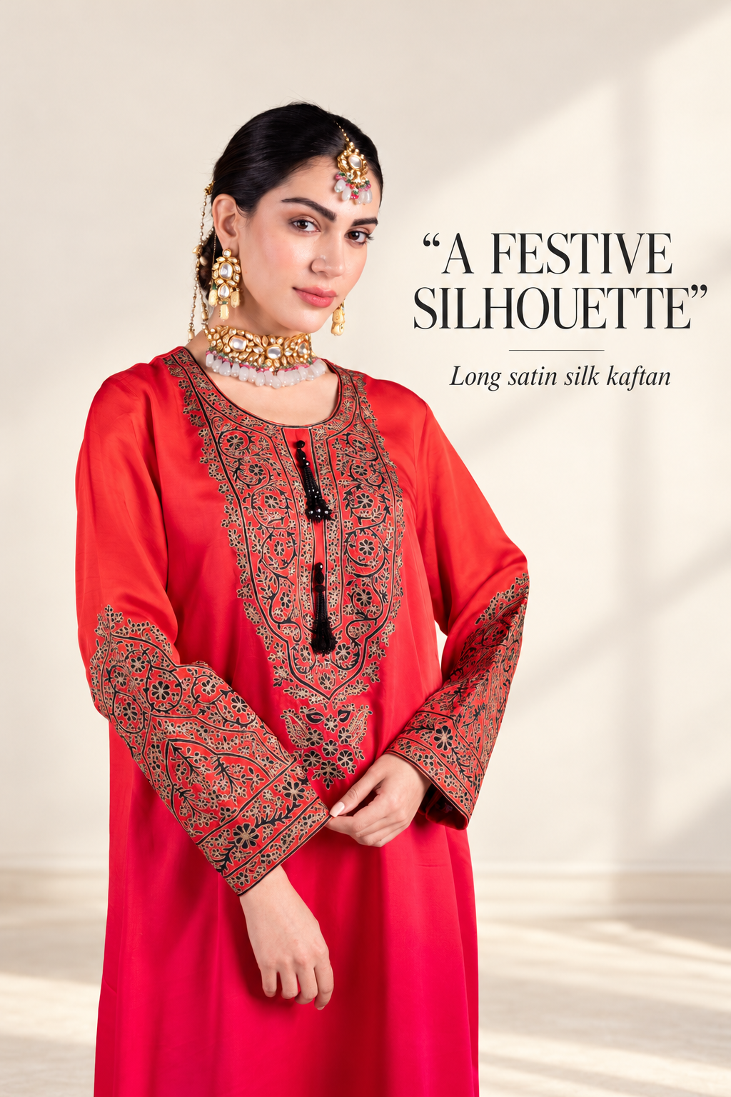 Ombre Red & Pink Satin Silk Kaftan with Aari-Resham Work, Bead Tassels & Coin-Detail Slits