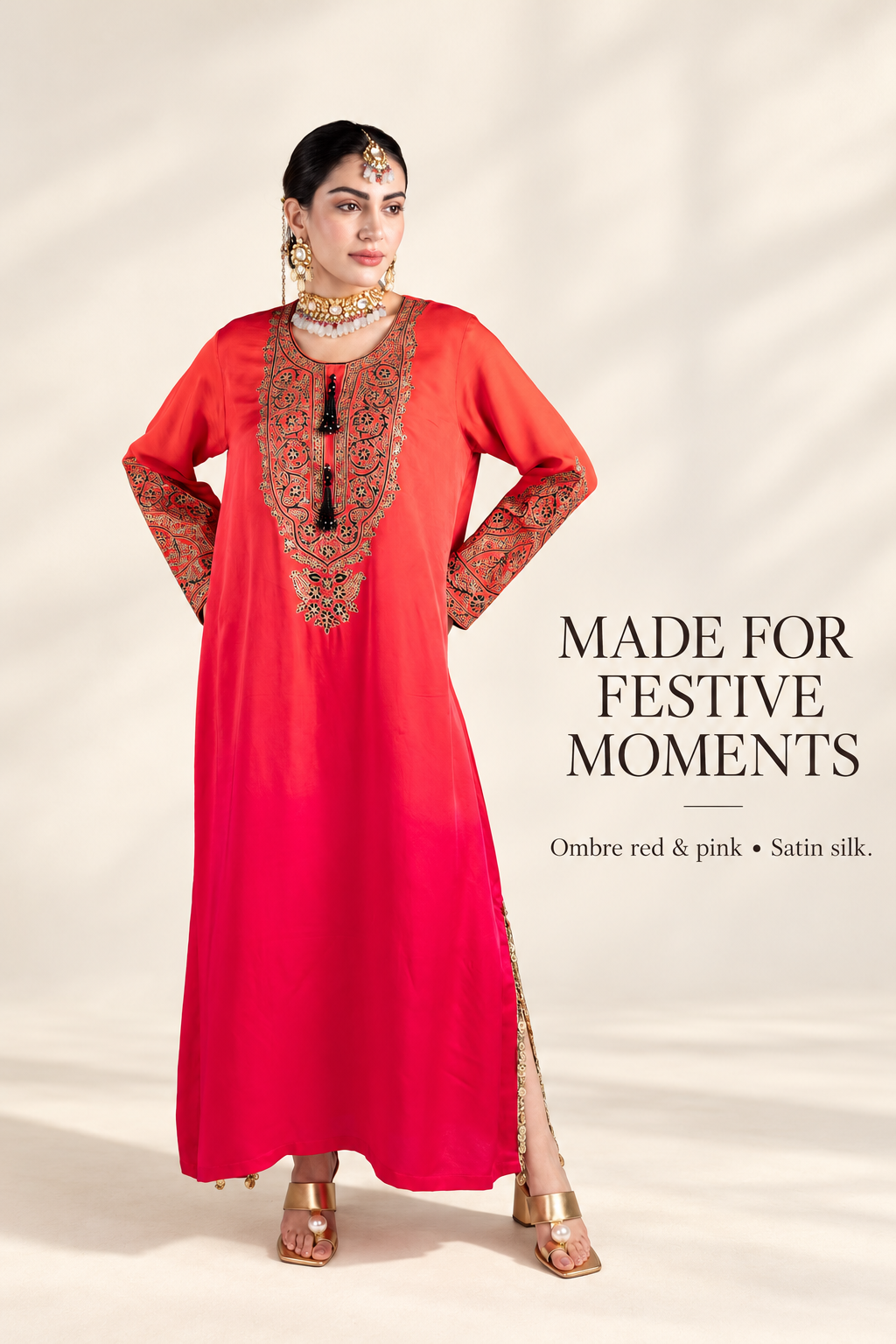 Ombre Red & Pink Satin Silk Kaftan with Aari-Resham Work, Bead Tassels & Coin-Detail Slits