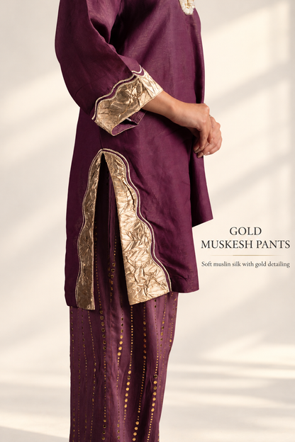 Wine & Gold Tissue Silk Kurta Set with Muslin Pants and Gold Patchwork