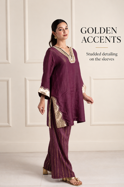 Wine & Gold Tissue Silk Kurta Set with Muslin Pants and Gold Patchwork
