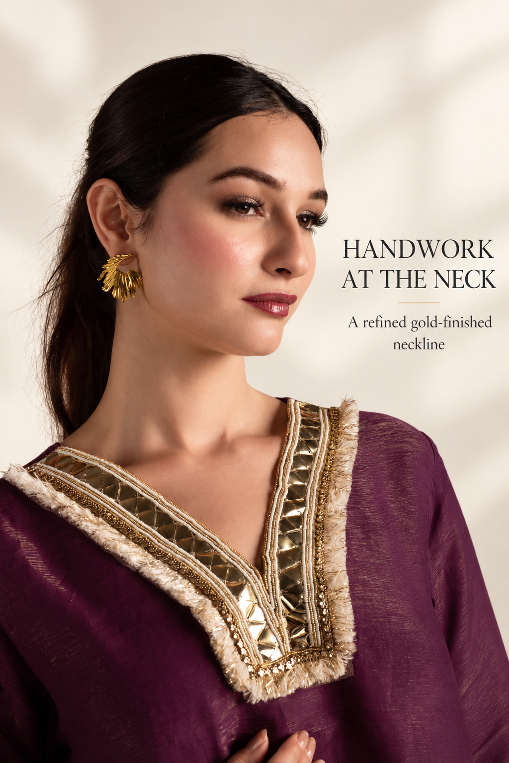Wine & Gold Tissue Silk Kurta Set with Muslin Pants and Gold Patchwork