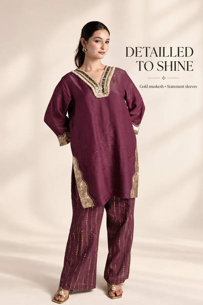 Wine & Gold Tissue Silk Kurta Set with Muslin Pants and Gold Patchwork
