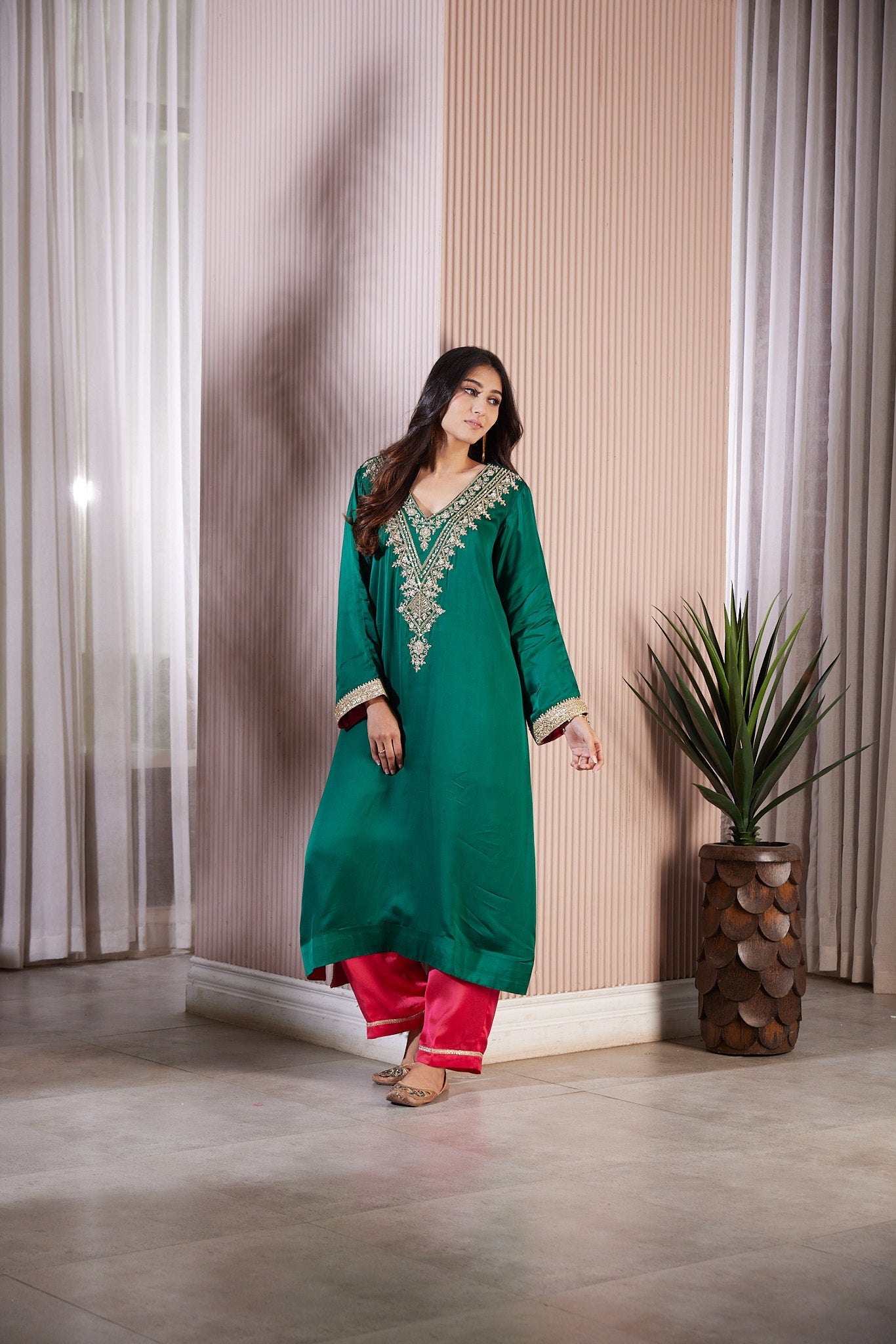 Long kurta with pockets Neckline with pure Zardosi handwork