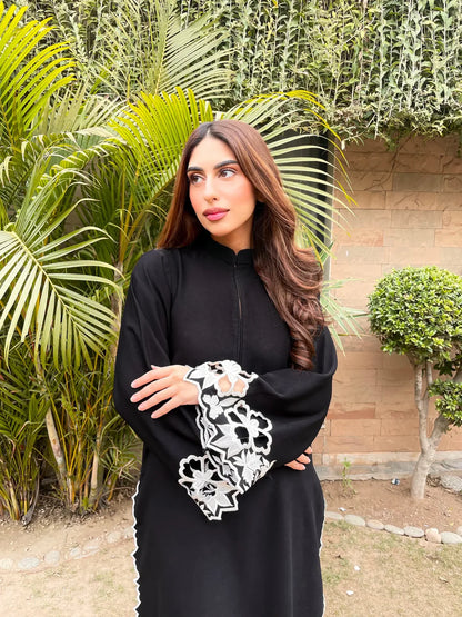 Black Embroidered long kurta with straight pants