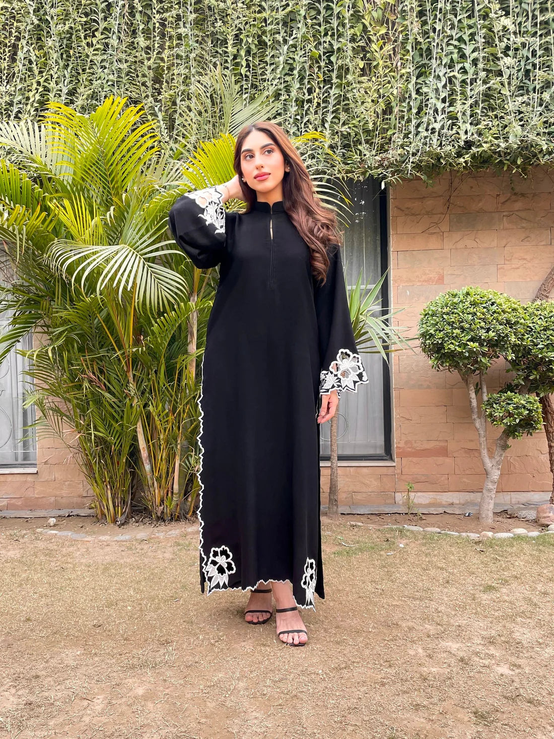 Black Embroidered long kurta with straight pants