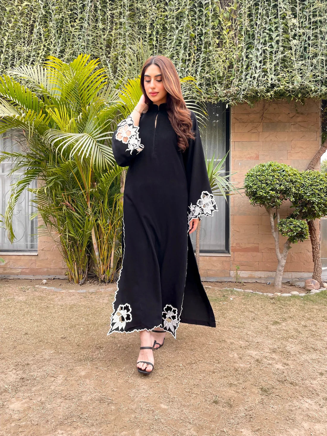 Black Embroidered long kurta with straight pants