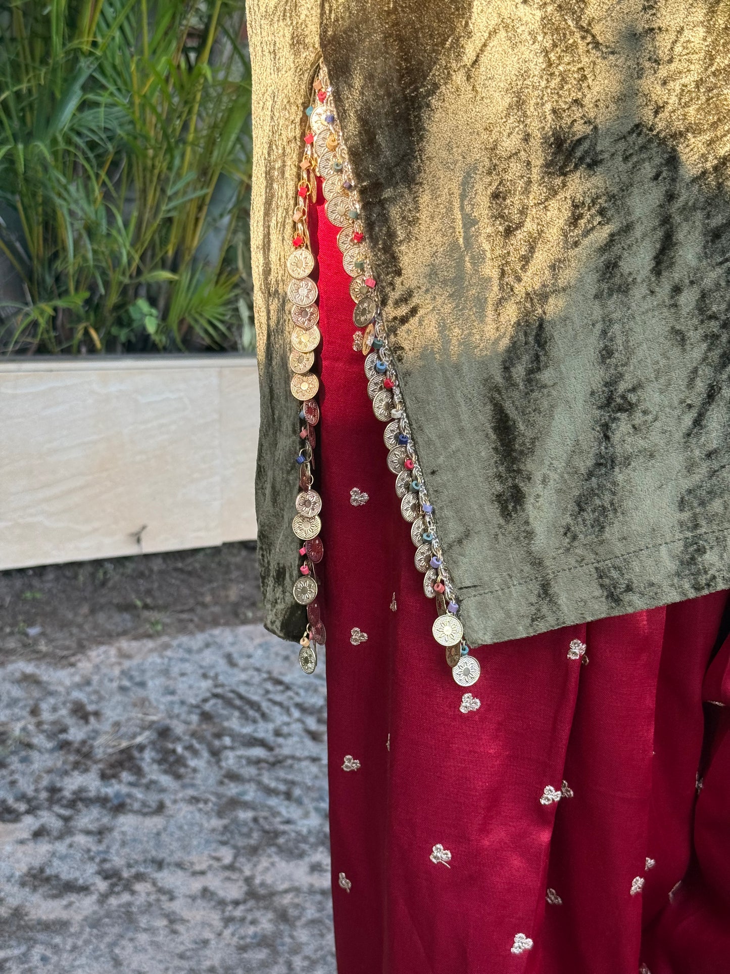 Sap Green Velvet Silk Kurta Set with Zardosi & Coin Highlights