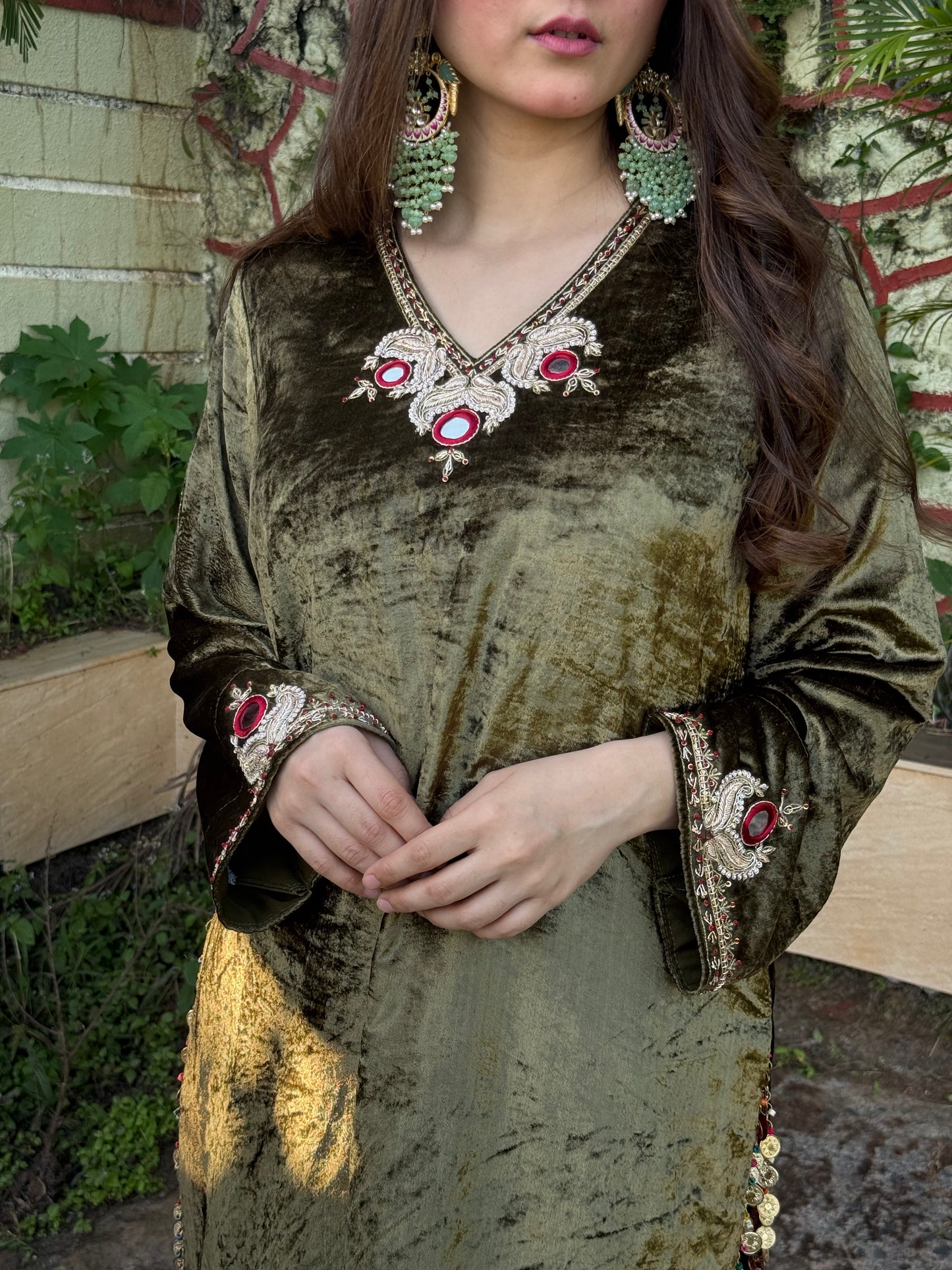 Sap Green Velvet Silk Kurta Set with Zardosi & Coin Highlights