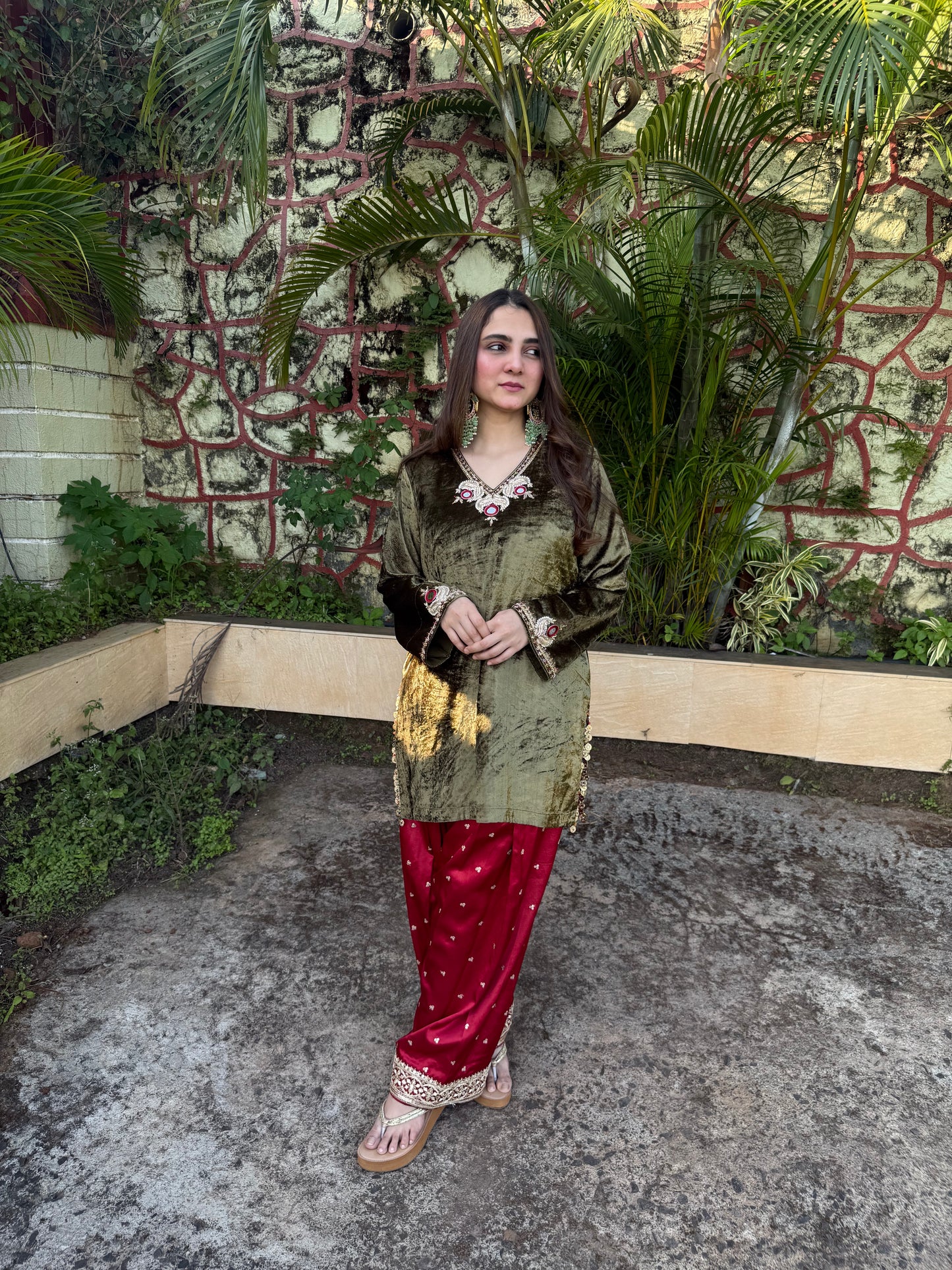 Sap Green Velvet Silk Kurta Set with Zardosi & Coin Highlights