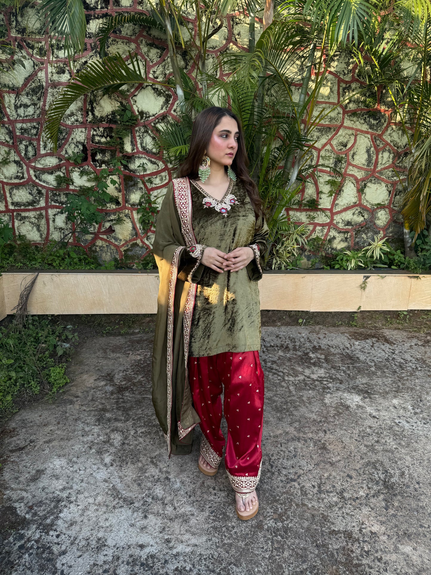 Sap Green Velvet Silk Kurta Set with Zardosi & Coin Highlights