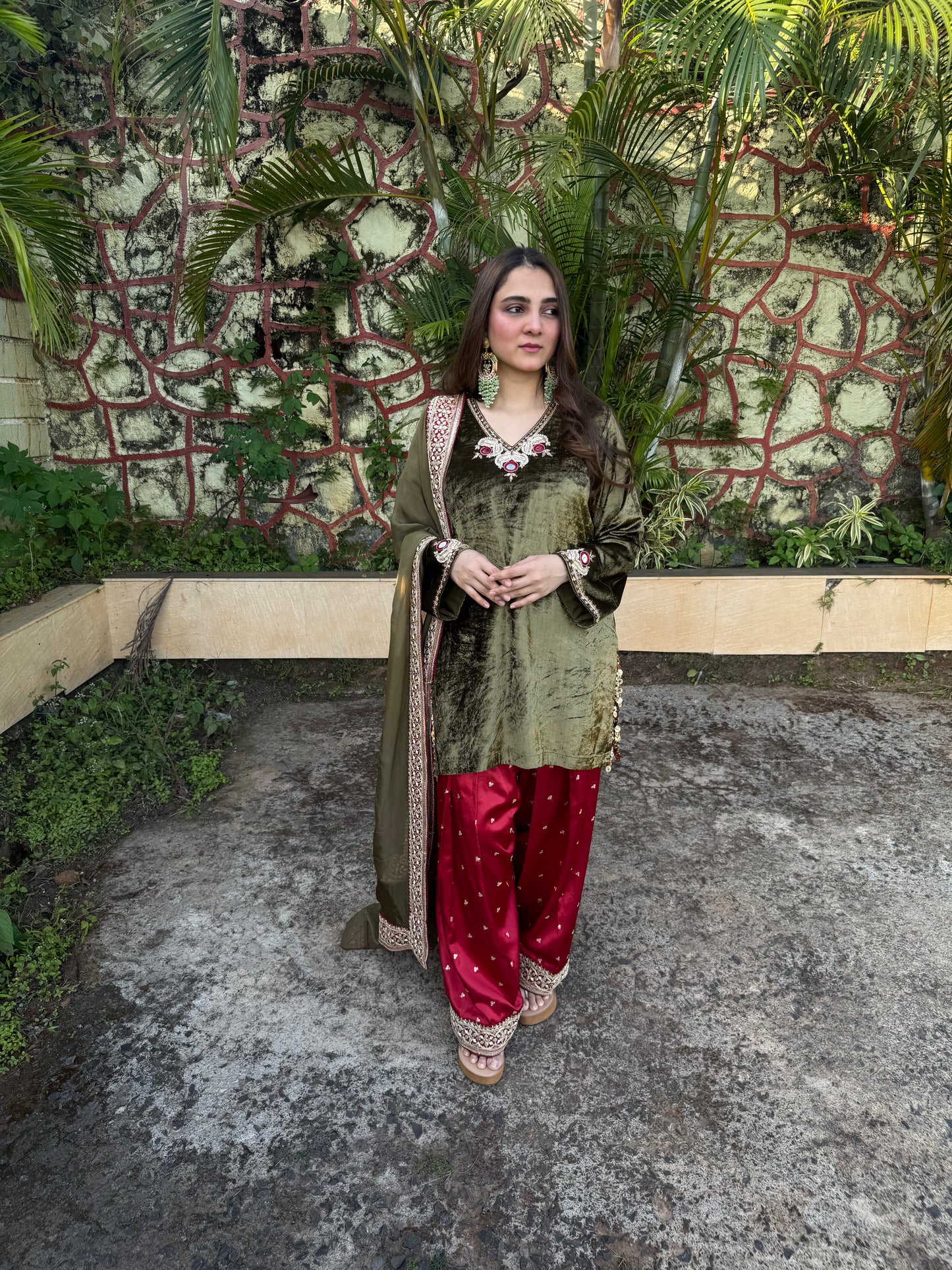 Sap Green Velvet Silk Kurta Set with Zardosi & Coin Highlights