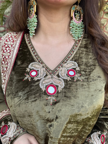 Sap Green Velvet Silk Kurta Set with Zardosi & Coin Highlights