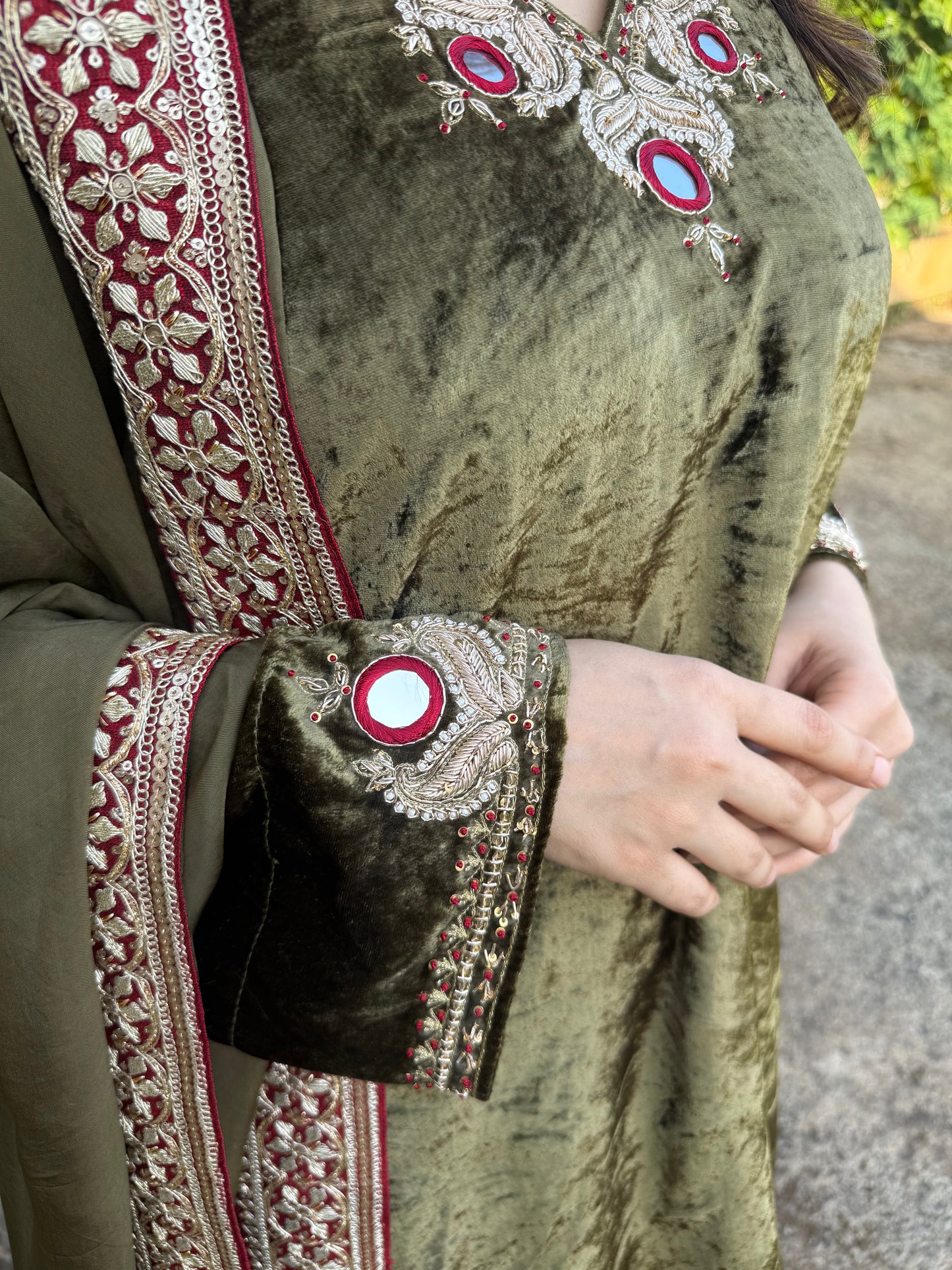 Sap Green Velvet Silk Kurta Set with Zardosi & Coin Highlights