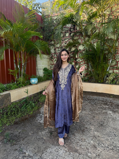 Velvet Silk Long Kurta with Straight Pants in Purple & Bronze with Aari Detailing”