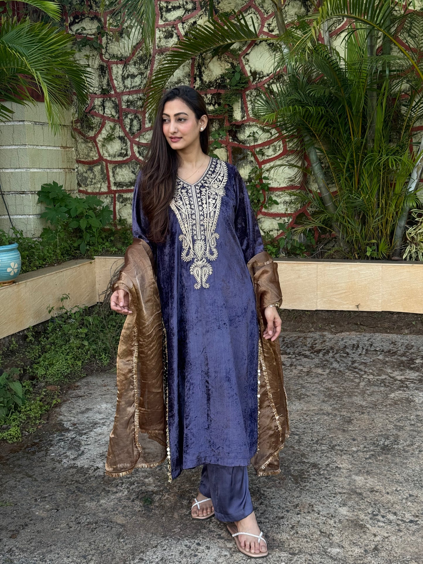 Velvet Silk Long Kurta with Straight Pants in Purple & Bronze with Aari Detailing”