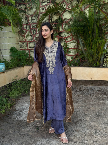 Velvet Silk Long Kurta with Straight Pants in Purple & Bronze with Aari Detailing”
