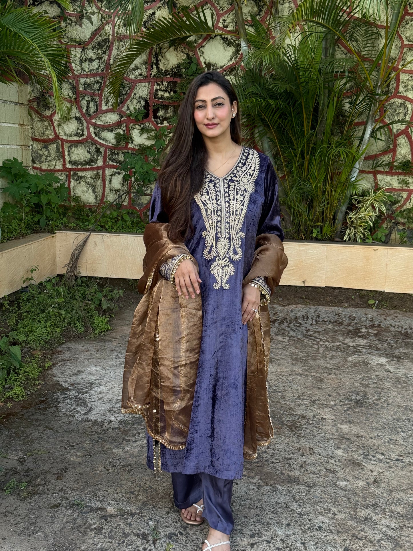 Velvet Silk Long Kurta with Straight Pants in Purple & Bronze with Aari Detailing”