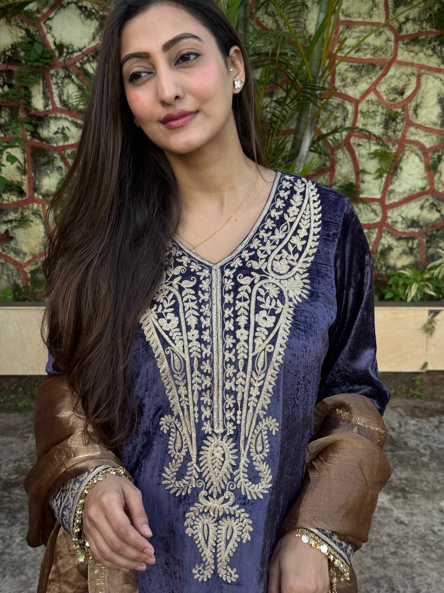 Velvet Silk Long Kurta with Straight Pants in Purple & Bronze with Aari Detailing”