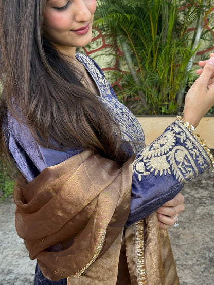Velvet Silk Long Kurta with Straight Pants in Purple & Bronze with Aari Detailing”