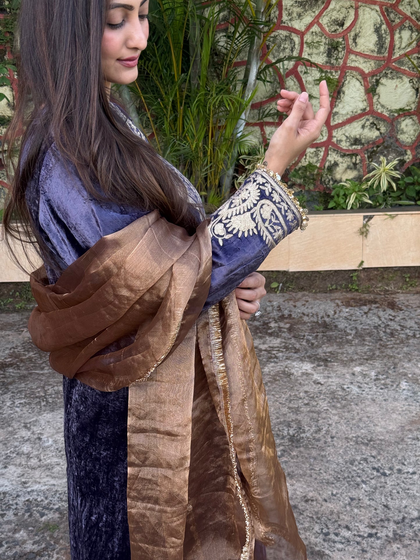 Velvet Silk Long Kurta with Straight Pants in Purple & Bronze with Aari Detailing”