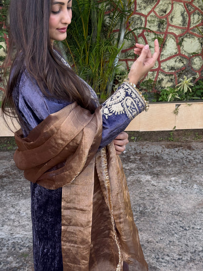 Velvet Silk Long Kurta with Straight Pants in Purple & Bronze with Aari Detailing”