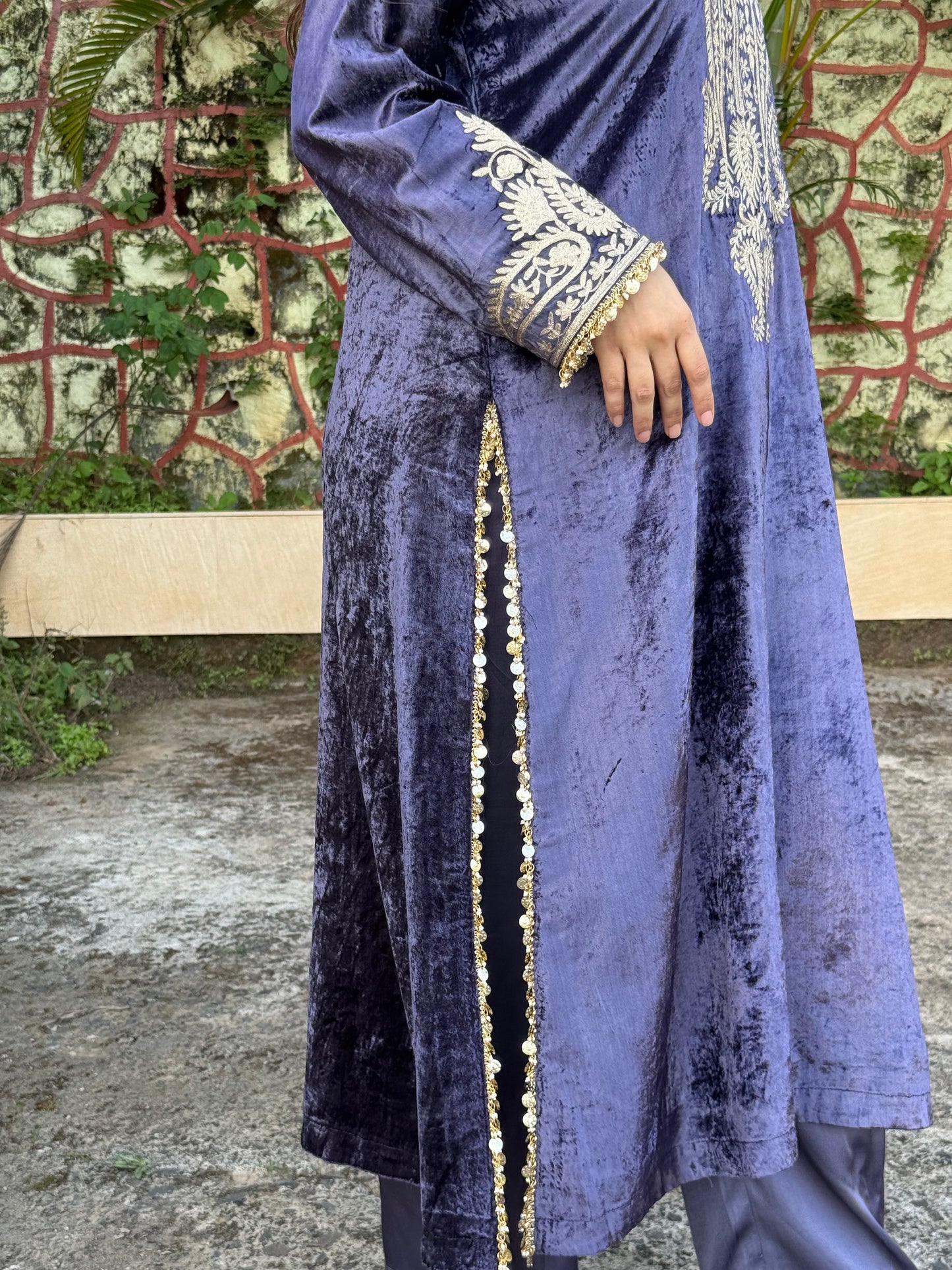 Velvet Silk Long Kurta with Straight Pants in Purple & Bronze with Aari Detailing”