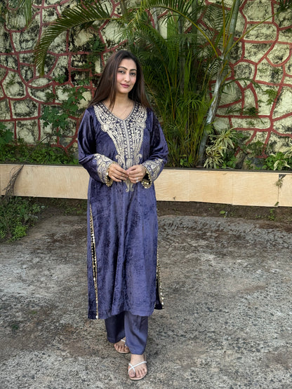Velvet Silk Long Kurta with Straight Pants in Purple & Bronze with Aari Detailing”