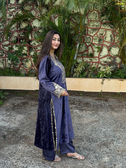Velvet Silk Long Kurta with Straight Pants in Purple & Bronze with Aari Detailing”