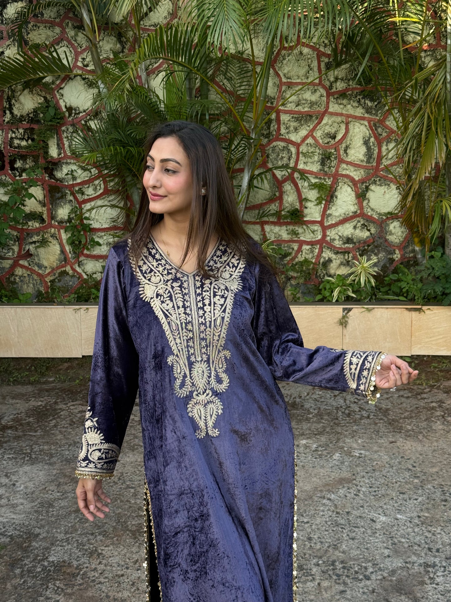 Velvet Silk Long Kurta with Straight Pants in Purple & Bronze with Aari Detailing”