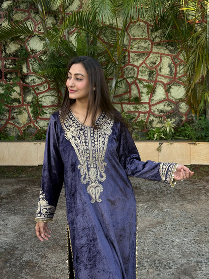 Velvet Silk Long Kurta with Straight Pants in Purple & Bronze with Aari Detailing”