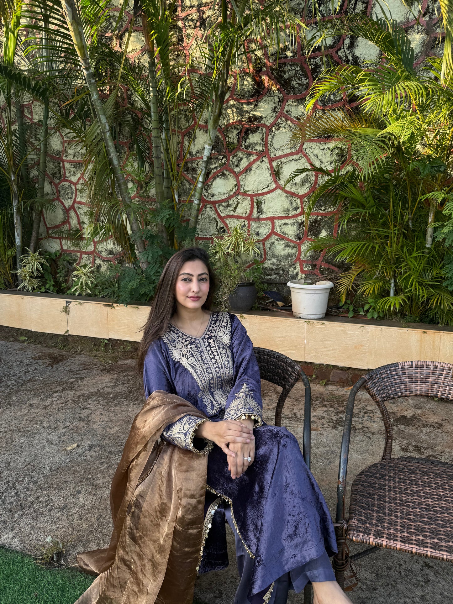 Velvet Silk Long Kurta with Straight Pants in Purple & Bronze with Aari Detailing”