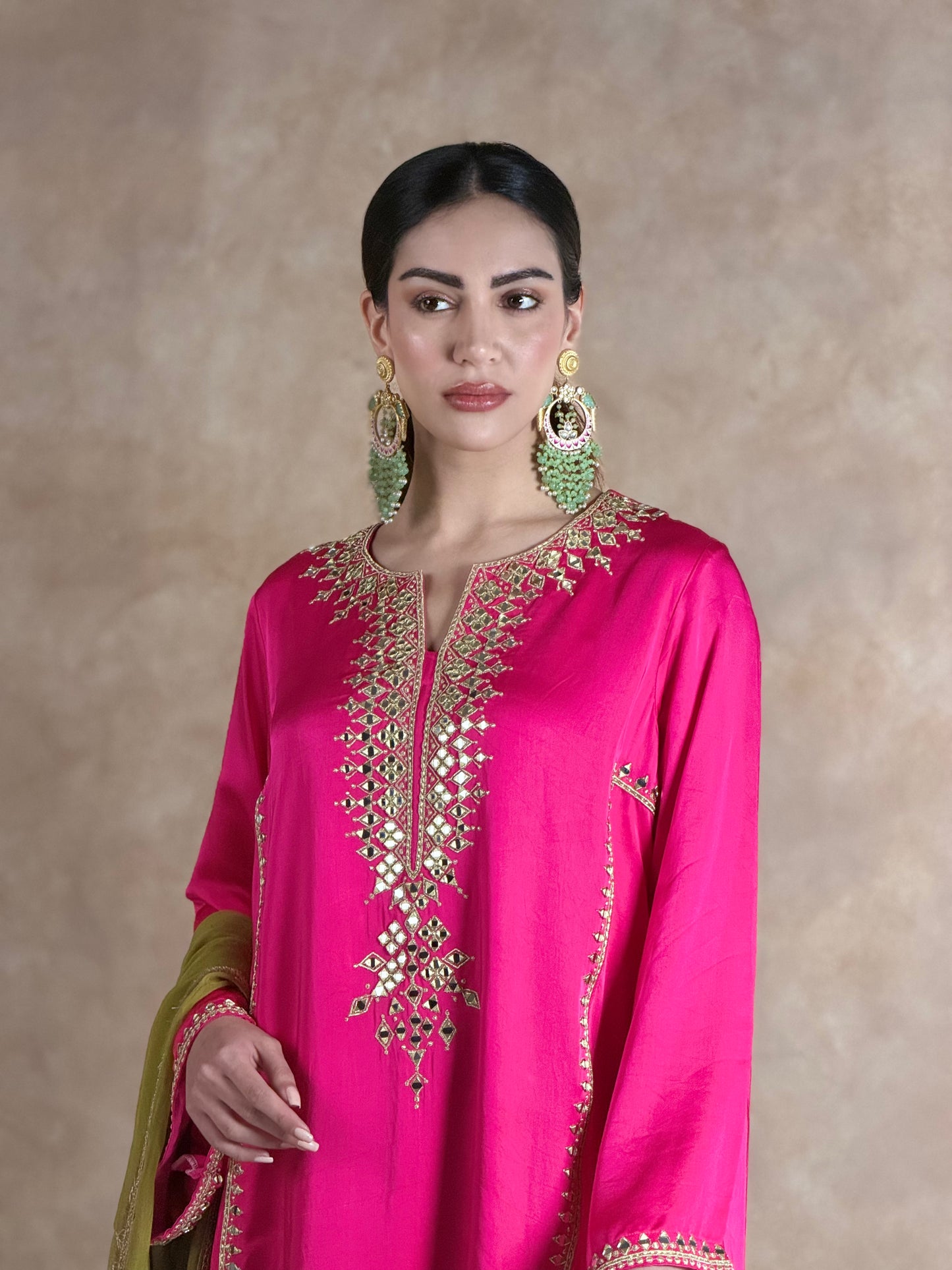 Pink & Sap Green Mirror Work Kurta Set with dupatta