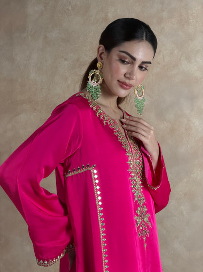Pink & Sap Green Mirror Work Kurta Set with dupatta