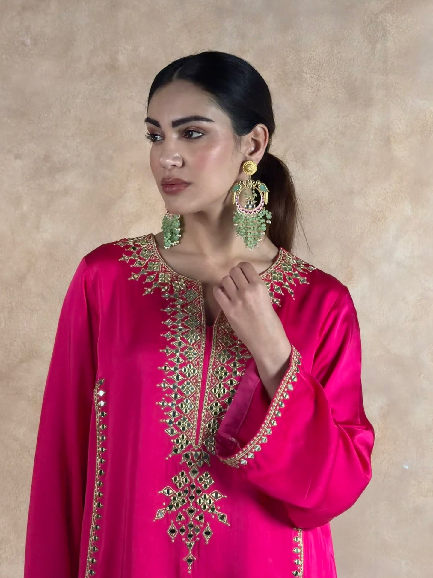 Pink & Sap Green Mirror Work Kurta Set with dupatta