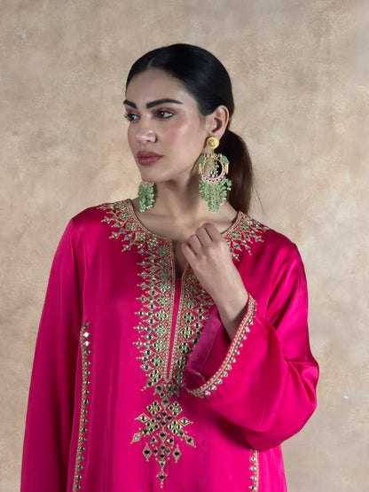 Pink & Sap Green Mirror Work Kurta Set with dupatta
