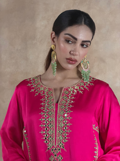 Pink & Sap Green Mirror Work Kurta Set with dupatta