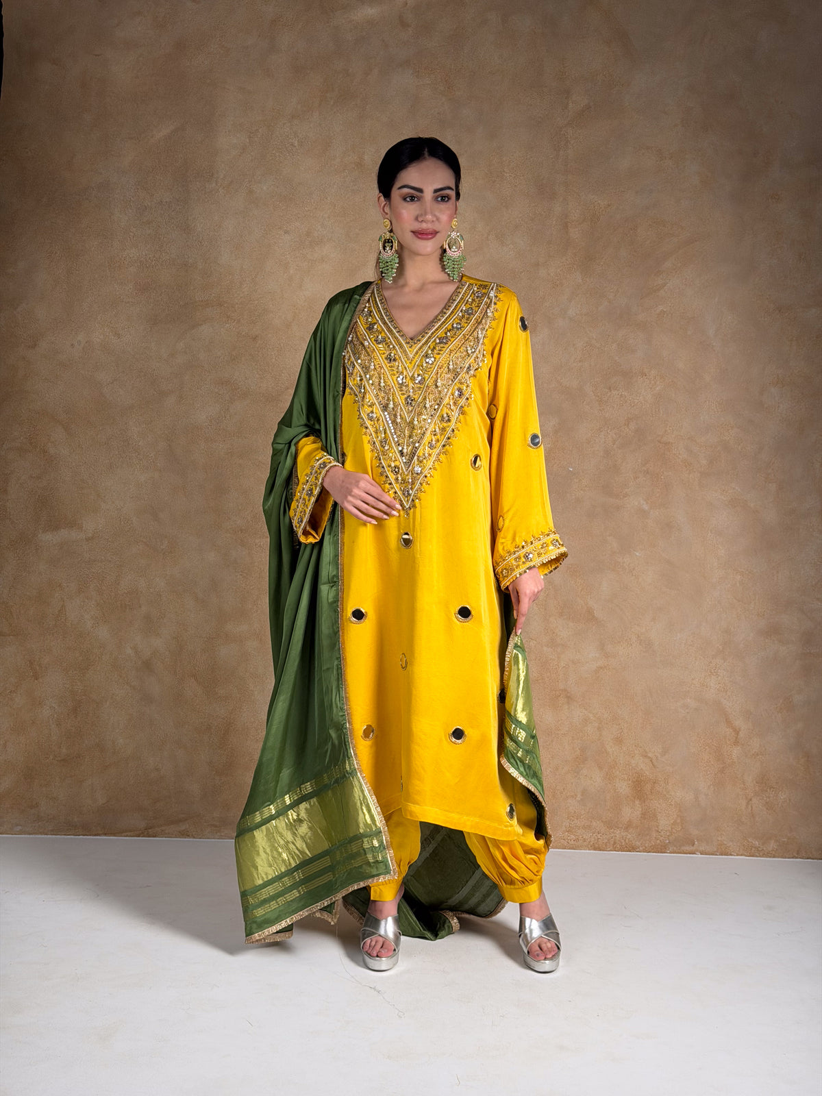 Mustard Yellow Satin Silk Zardosi Kurta & Pleated Salwar Set with Olive Green Dupatta