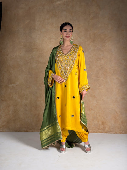 Mustard Yellow Satin Silk Zardosi Kurta & Pleated Salwar Set with Olive Green Dupatta