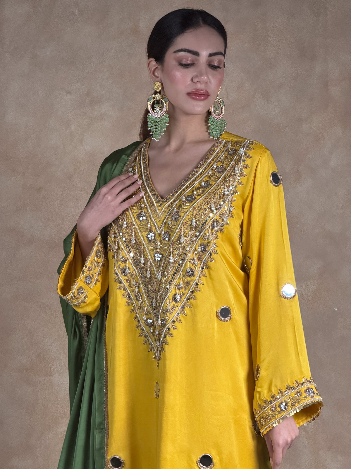 Mustard Yellow Satin Silk Zardosi Kurta & Pleated Salwar Set with Olive Green Dupatta
