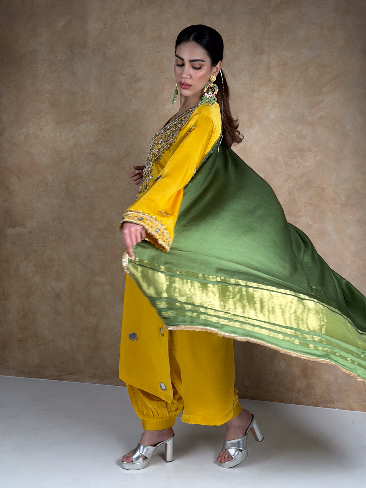 Mustard Yellow Satin Silk Zardosi Kurta & Pleated Salwar Set with Olive Green Dupatta