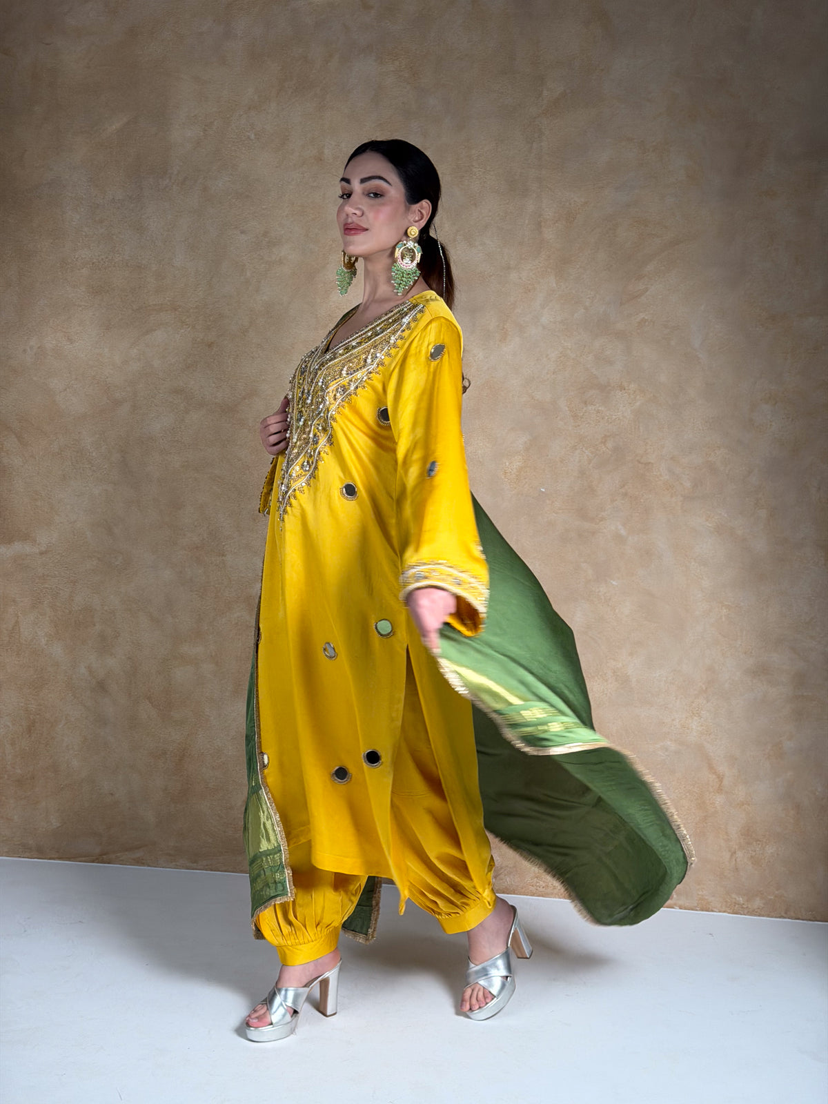 Mustard Yellow Satin Silk Zardosi Kurta & Pleated Salwar Set with Olive Green Dupatta