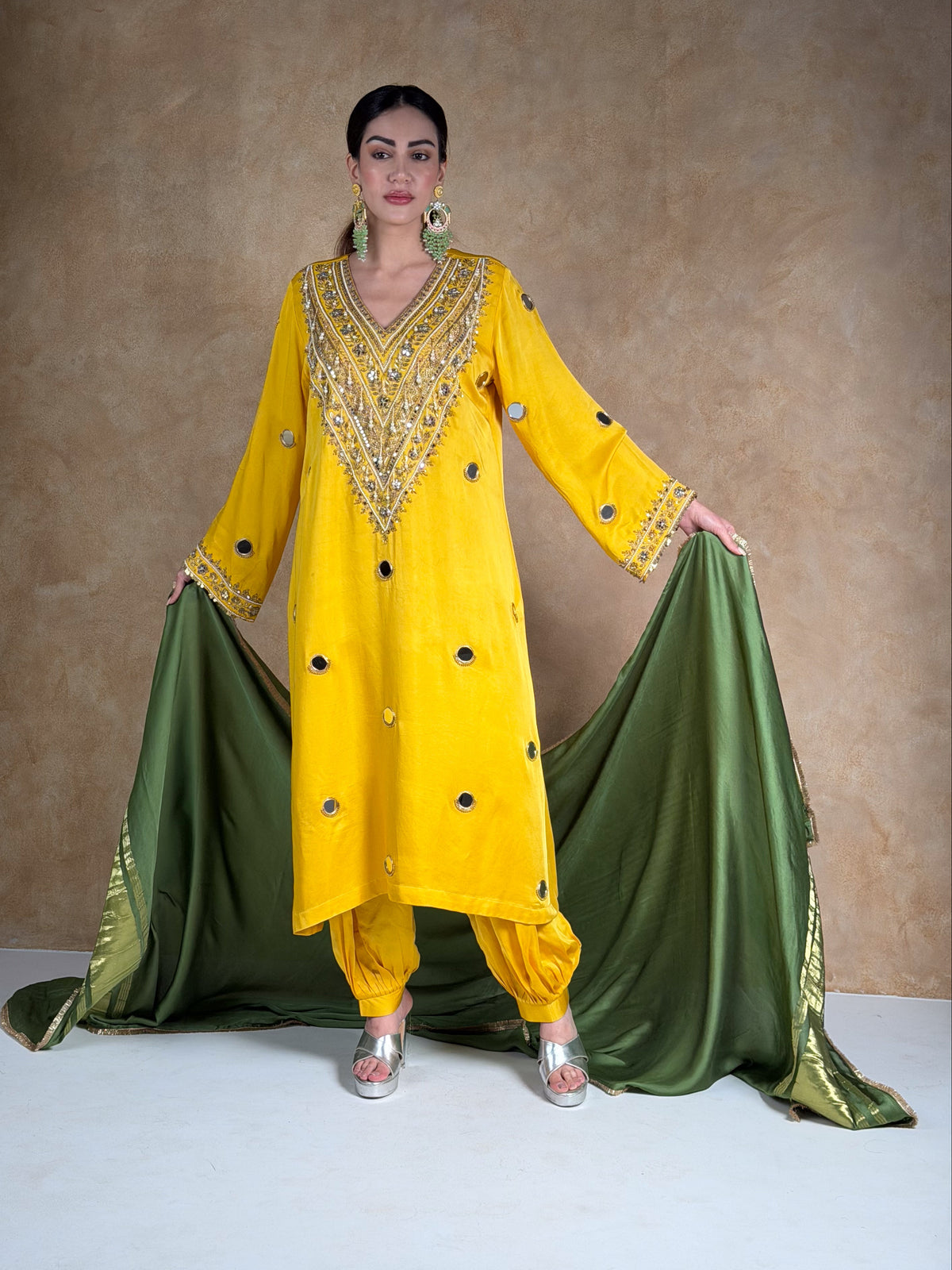 Mustard Yellow Satin Silk Zardosi Kurta & Pleated Salwar Set with Olive Green Dupatta