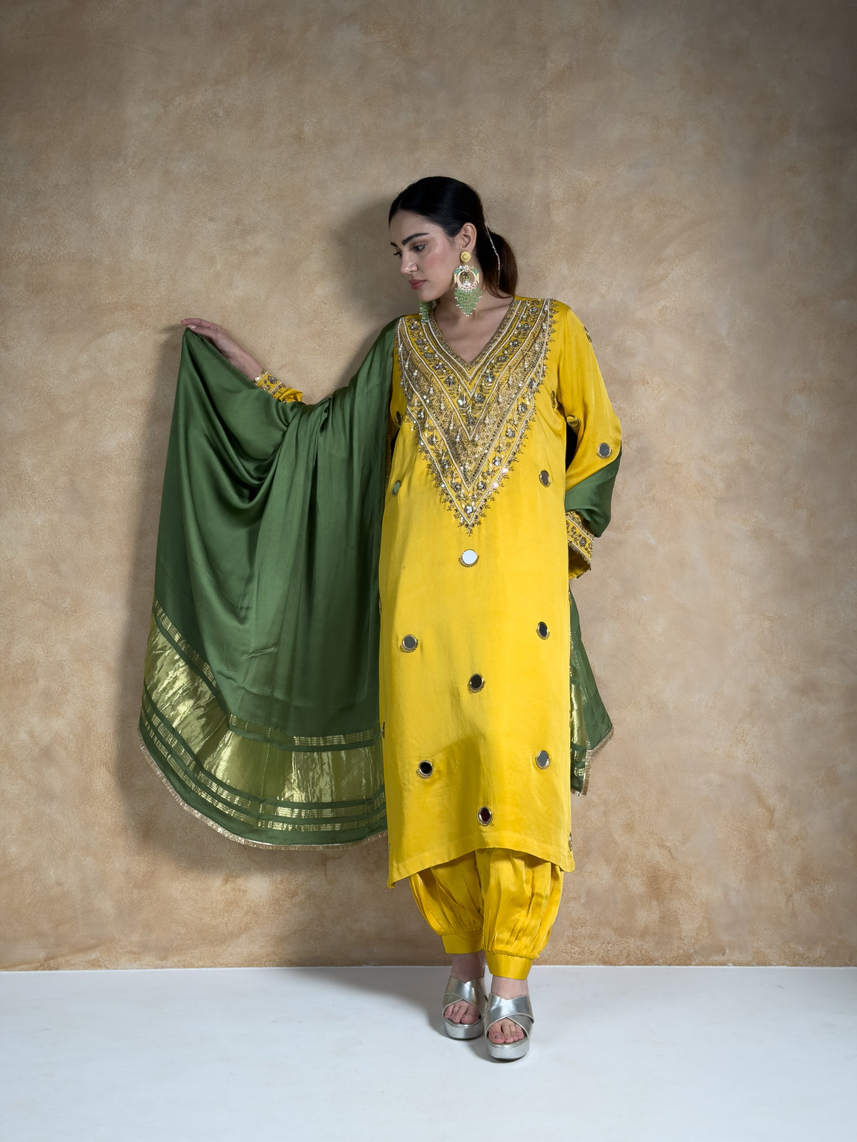 Mustard Yellow Satin Silk Zardosi Kurta & Pleated Salwar Set with Olive Green Dupatta
