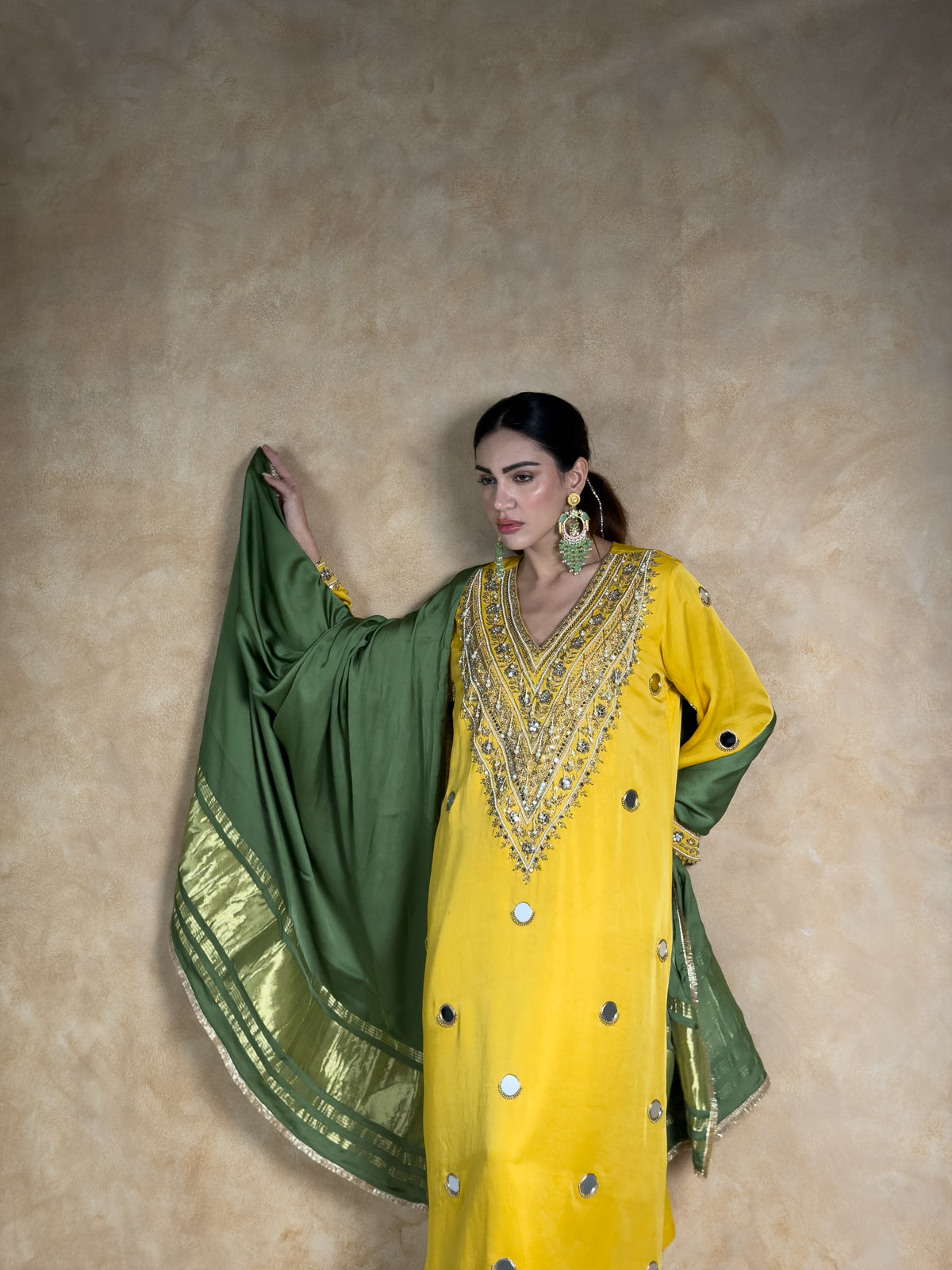 Mustard Yellow Satin Silk Zardosi Kurta & Pleated Salwar Set with Olive Green Dupatta